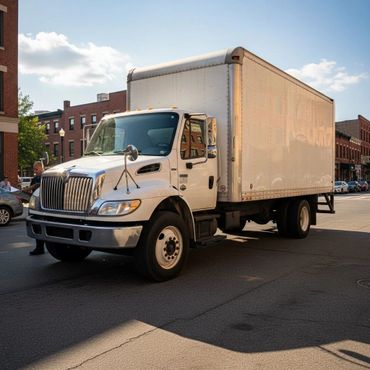 White box truck parked on a city street near buildings under a clear sky.
