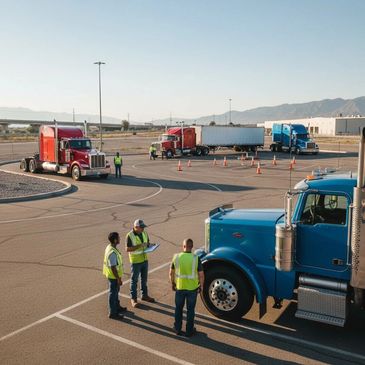 Truck drivers in safety vests inspect semi trucks in a training lot with traffic cones.