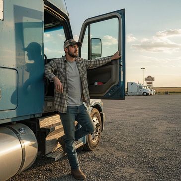 Truck driver leaning on his truck door at a rest stop during sunset.