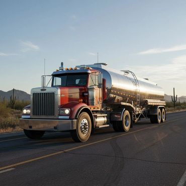 Red tanker truck driving on a desert road at sunset.
