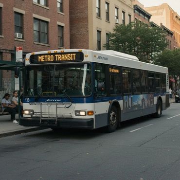 A Metro Transit bus parked at a city bus stop with passengers waiting.