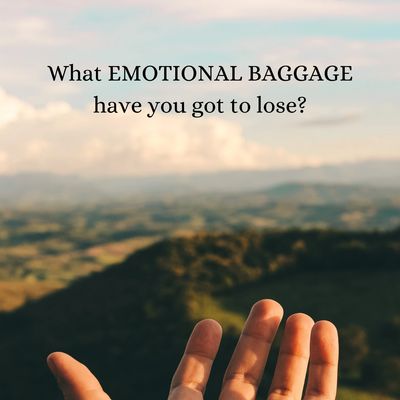 Hand reaching out, we see mountain sky. Caption says: What emotional baggage have you got to lose?