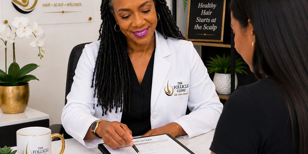 Doctor consulting patient at The Follicle Clinic.