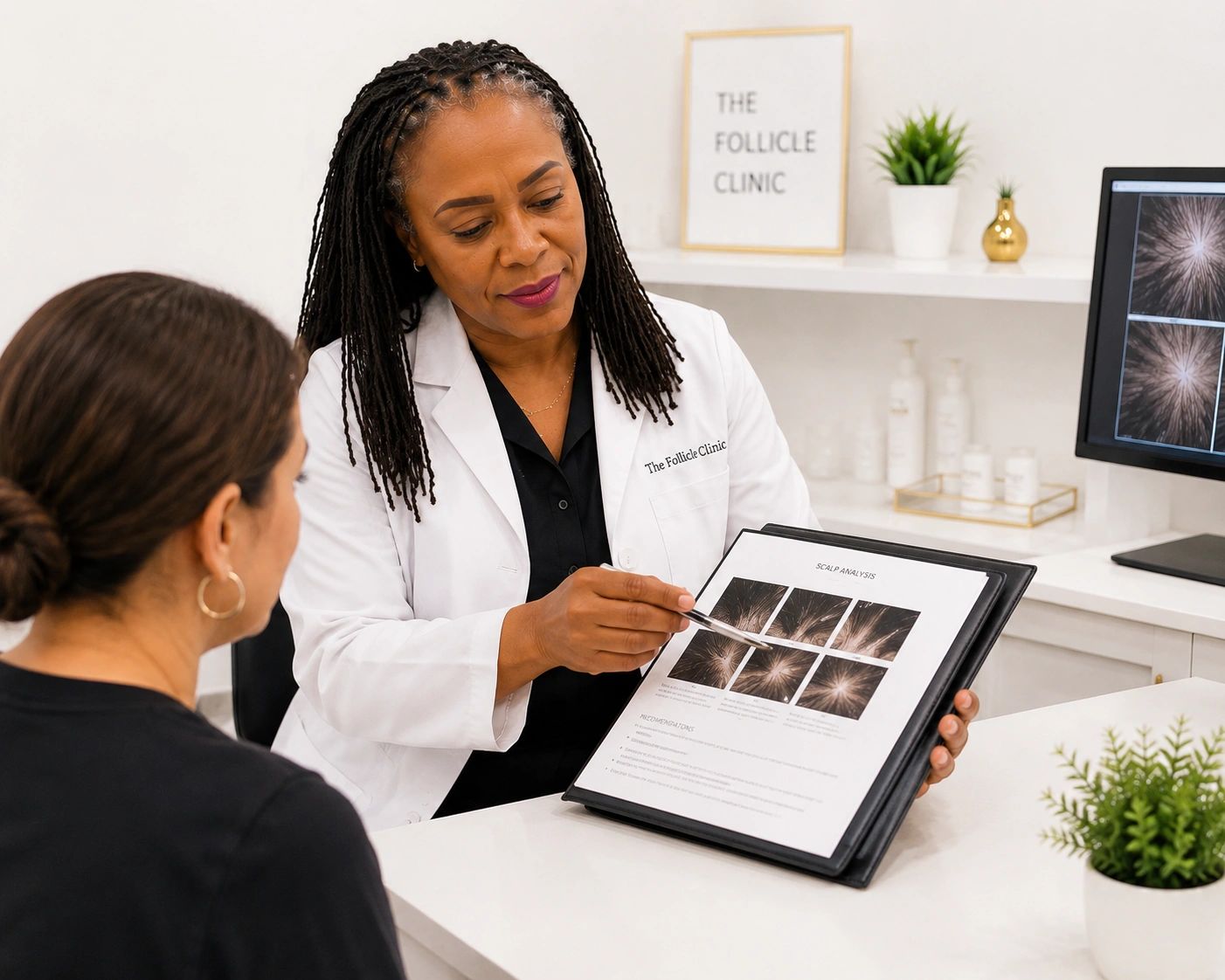 Doctor explaining scalp analysis to a patient.
