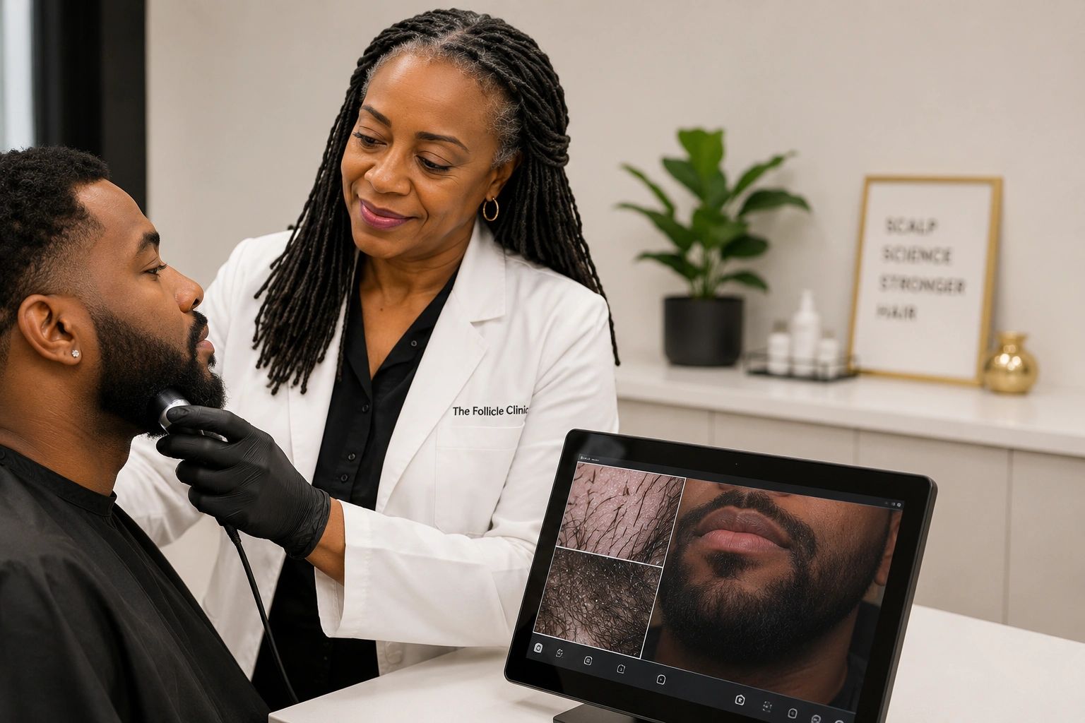 Doctor examining man's beard with digital imaging.