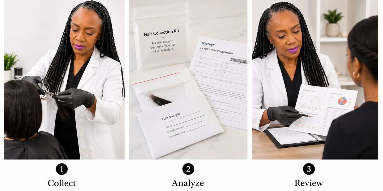 Steps for hair mineral analysis: collect, analyze, review.