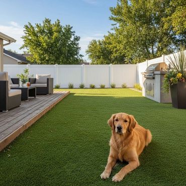 Golden retriever relaxing on green lawn in sunny backyard.