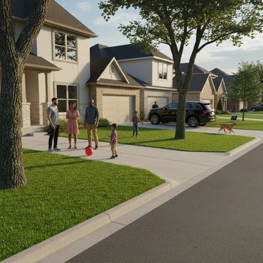 Neighbors chat while kids play outside a suburban home on a sunny day.