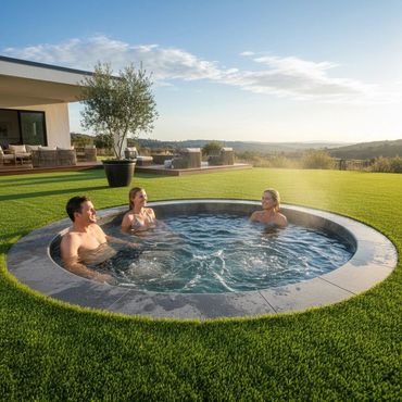 Three people relaxing in a round hot tub set in a lush green lawn with a scenic view.