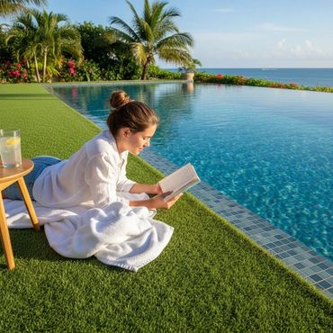 A woman reads a book by a pool on a sunny day with a drink nearby.