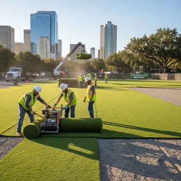 Construction workers installing artificial turf in an urban park setting.