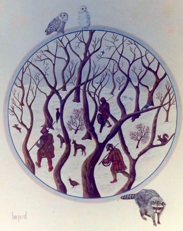 An artwork of animals and hunters