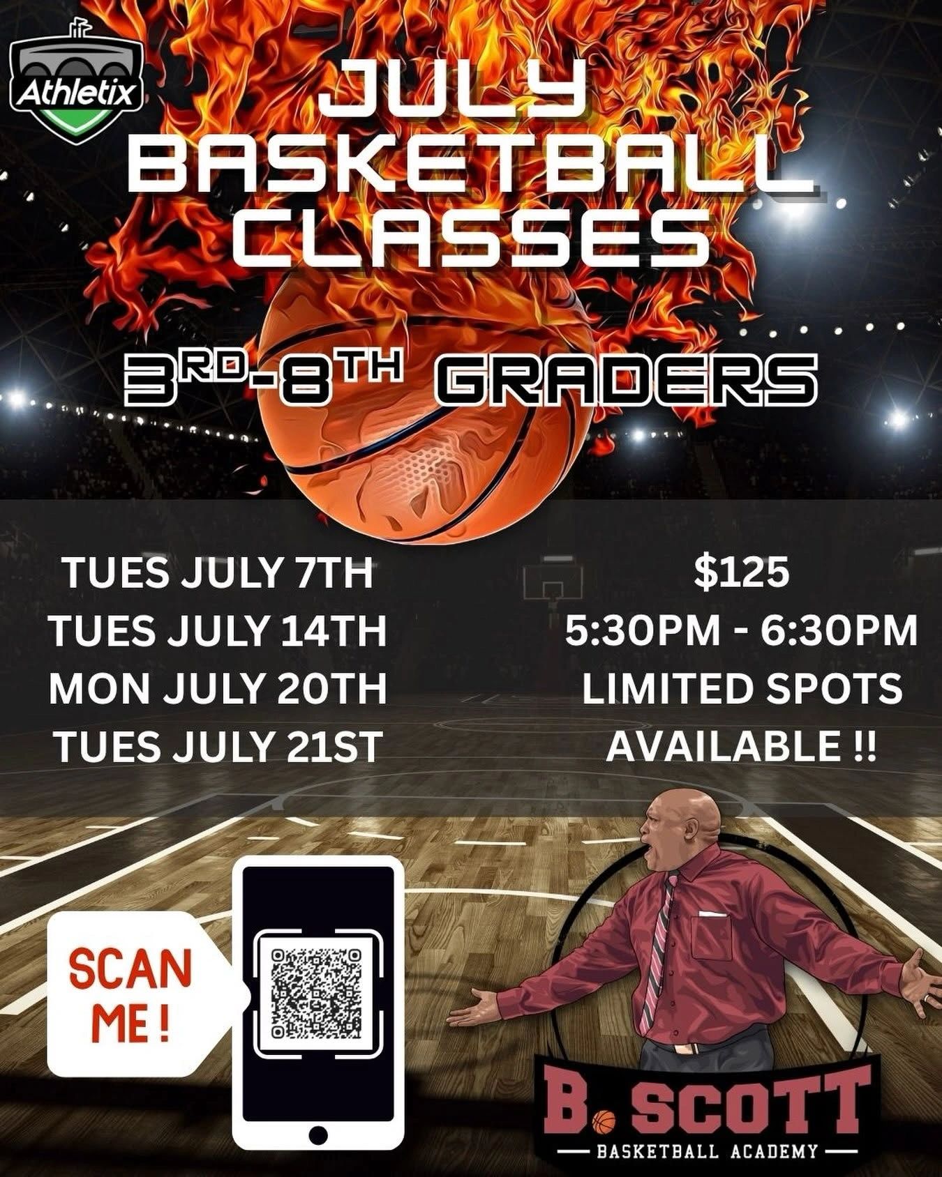 Advertisement for July basketball classes for 3rd to 8th graders by Athletix.