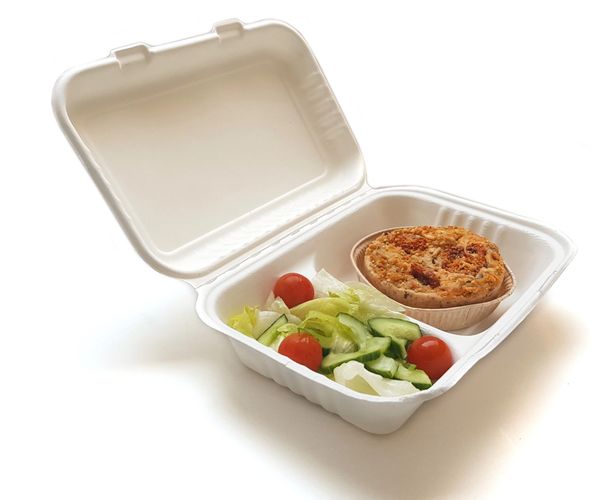 2 compartment bagasse sugar cane hinge lidded container, biodegradable, recyclable and compostable.
