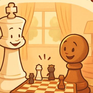 Friendly chess pieces smiling while playing a game indoors.