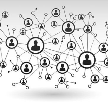 Black and white network of interconnected user icons representing social connections.