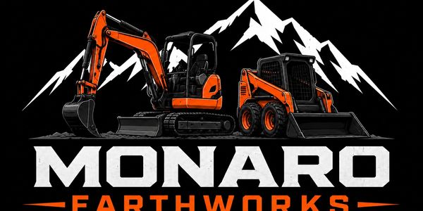 Orange excavators and loaders with mountain backdrop for Monaro Earthworks.