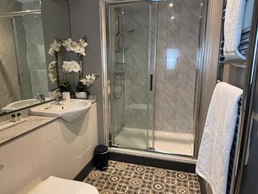 Modern bathroom with patterned floor tiles and glass shower enclosure.