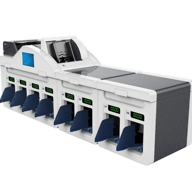 Currency sorting machine with multiple slots and digital displays.