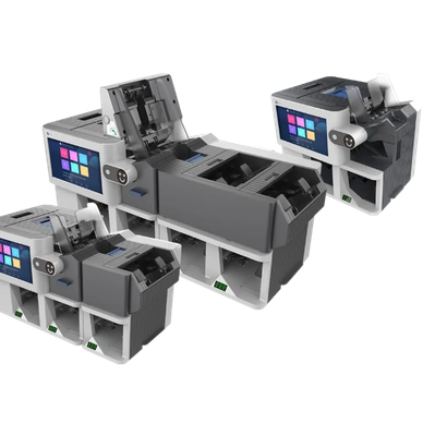 Three modern industrial printers with digital touchscreens.