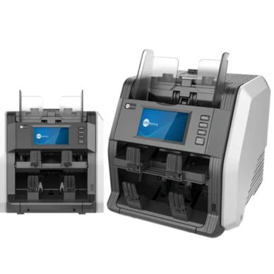 Two banknote counting machines of different sizes.