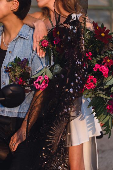 Custom bouquet created on the back end of a motorcycle for an engagement photoshoot