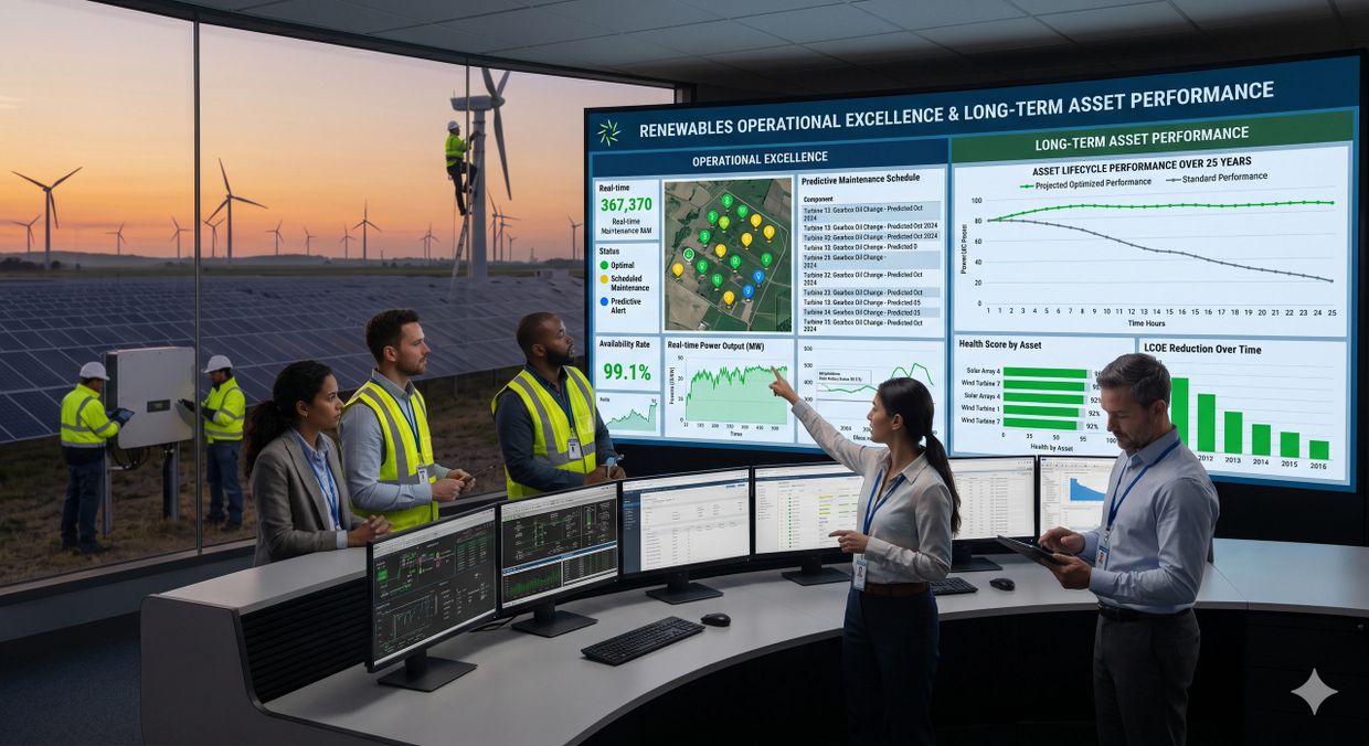 Team monitoring renewable energy assets with data on wind turbines and solar panels.