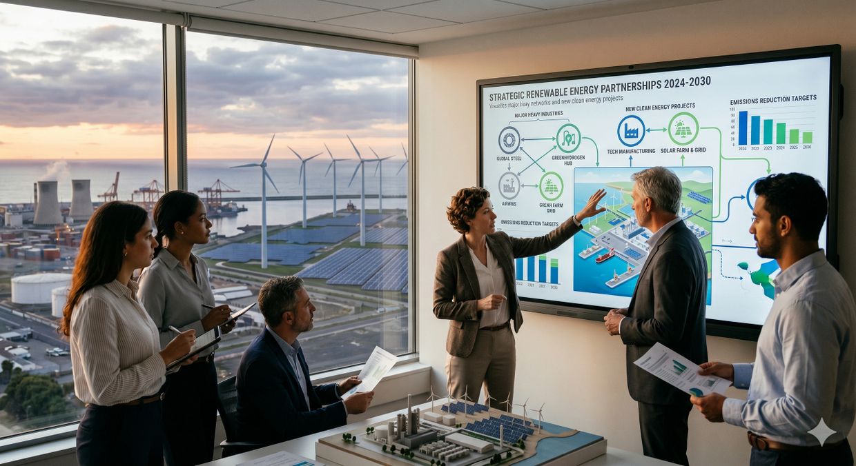 A team discusses renewable energy strategies in a modern office with wind turbines outside.