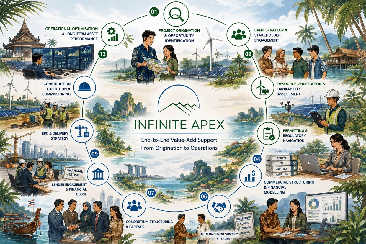 Illustration showing Infinite Apex's 12-step project support from origination to operations in renewable energy.