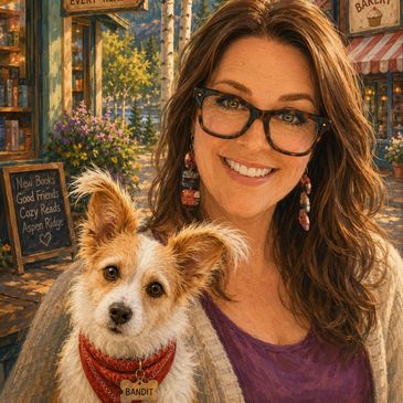 Woman smiling with her dog in a cozy town setting.