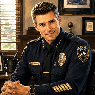 Police chief sitting in an office smiling.