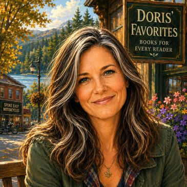 Smiling woman with long hair in a cozy town setting.