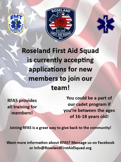 Roseland First Aid Squad recruiting new members aged 16-18.