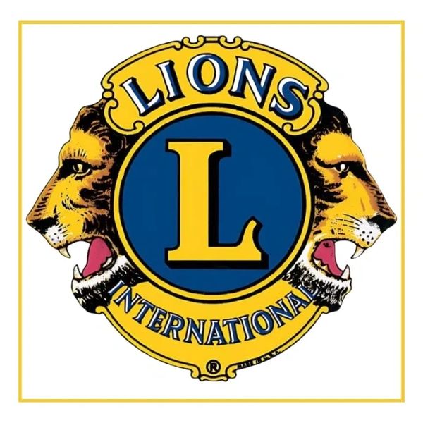 Logo of Lions International with two lion heads facing opposite directions.