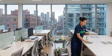 team member cleaning an office space in the chicago downtown area