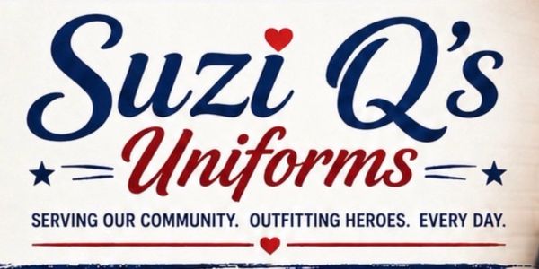 Logo of Suzi Q's Uniforms with a community-focused slogan.