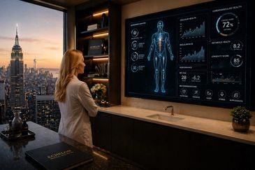 Woman analyzing health data on a futuristic screen in a modern office with city view.