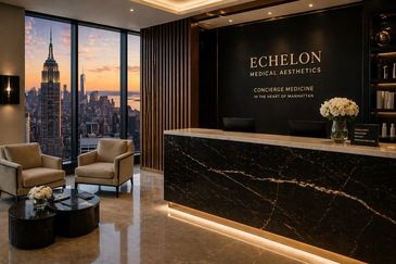 Luxurious medical aesthetics reception with city skyline view at sunset.