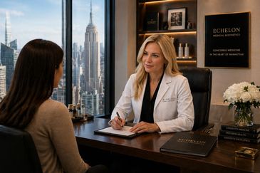 Doctor consulting with a patient in a modern office with city views.