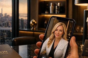 Person holding phone showing a woman in a white coat on video call.
