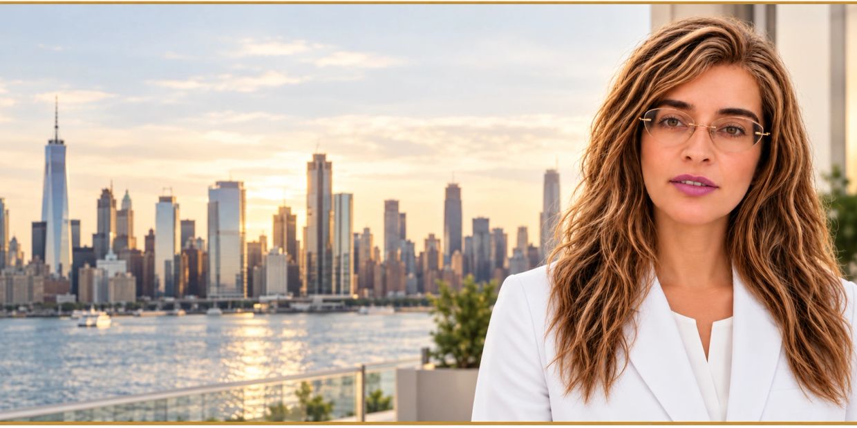 Confident woman in glasses with city skyline at sunset.