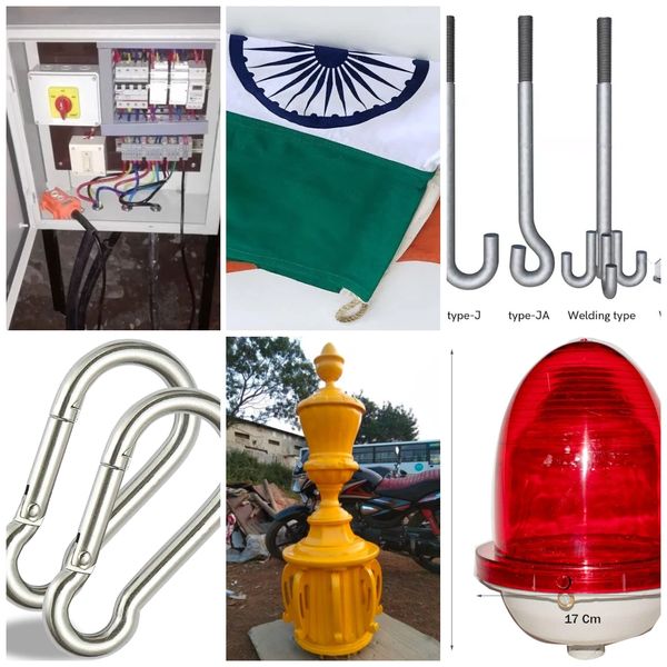 Six diverse images including electrical box, Indian flag, bolts, carabiners, yellow sculpture, and red beacon light.