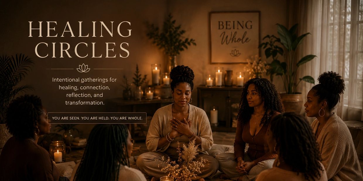 A group of women in a warm room participating in a healing circle gathering.