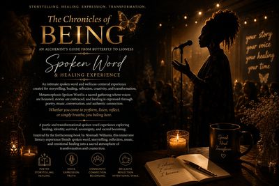 A serene speaking event with candles and a silhouette speaker sharing a healing story.