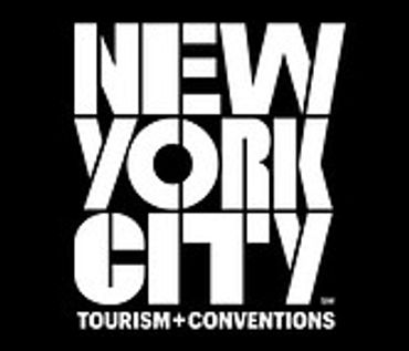 Bold white text logo for New York City Tourism and Conventions on black background.