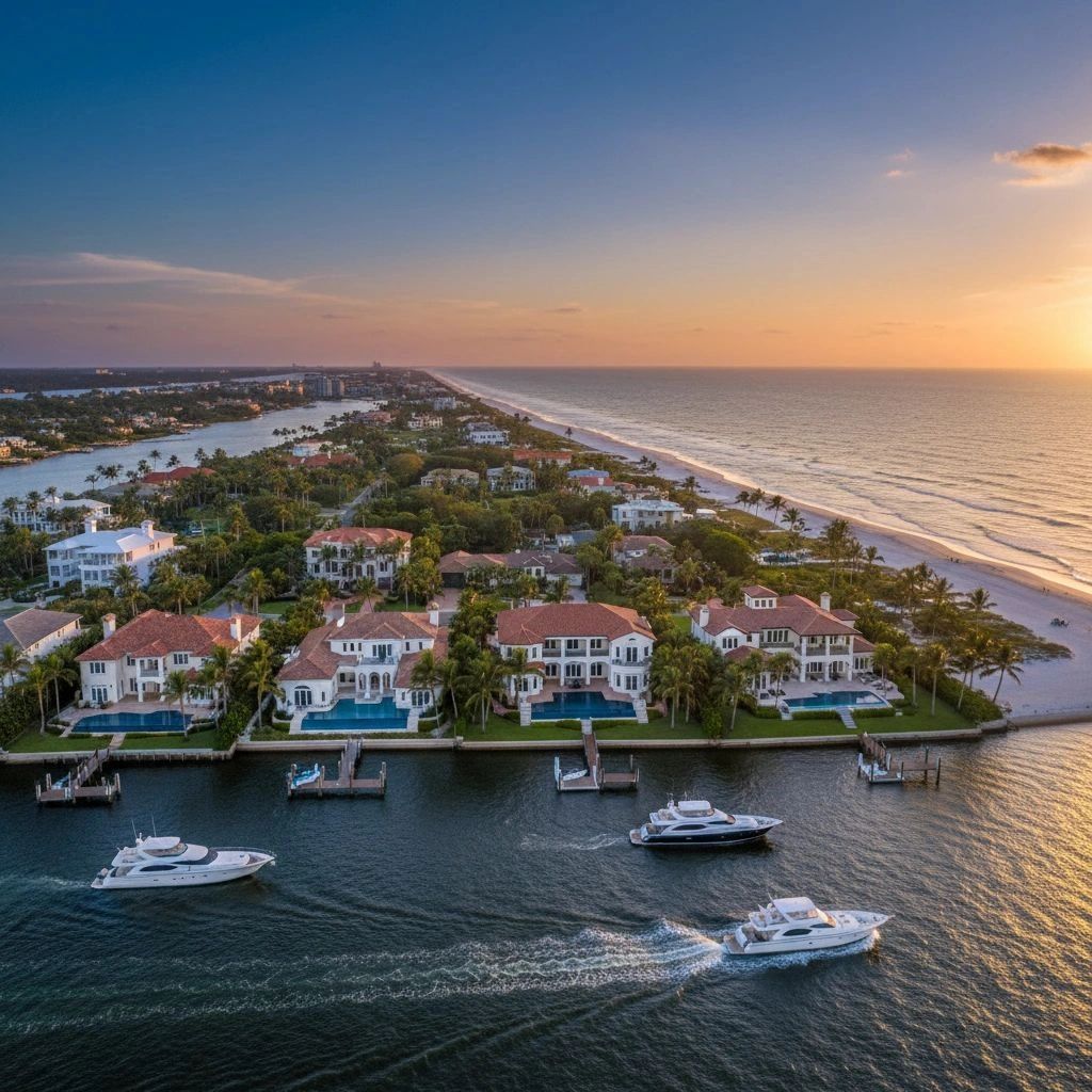 Luxurious waterfront homes with private docks and yachts at sunset.