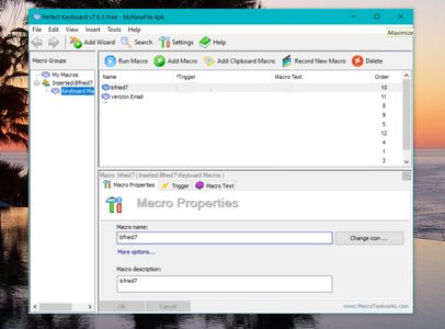 Screenshot of Perfect Keyboard software showing macro setup for email automation.