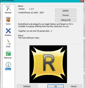 RocketDock about screen showing version and developer info.