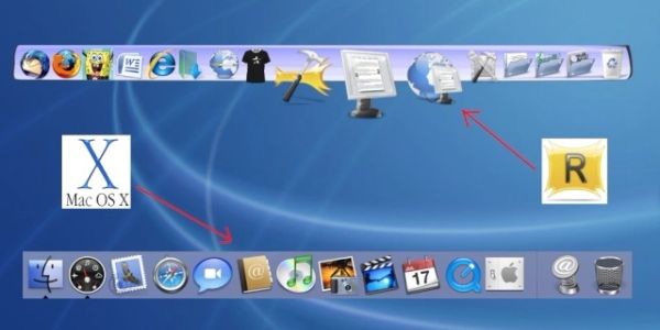 Comparison of Mac OS X dock and classic Mac OS X app switcher with icons.