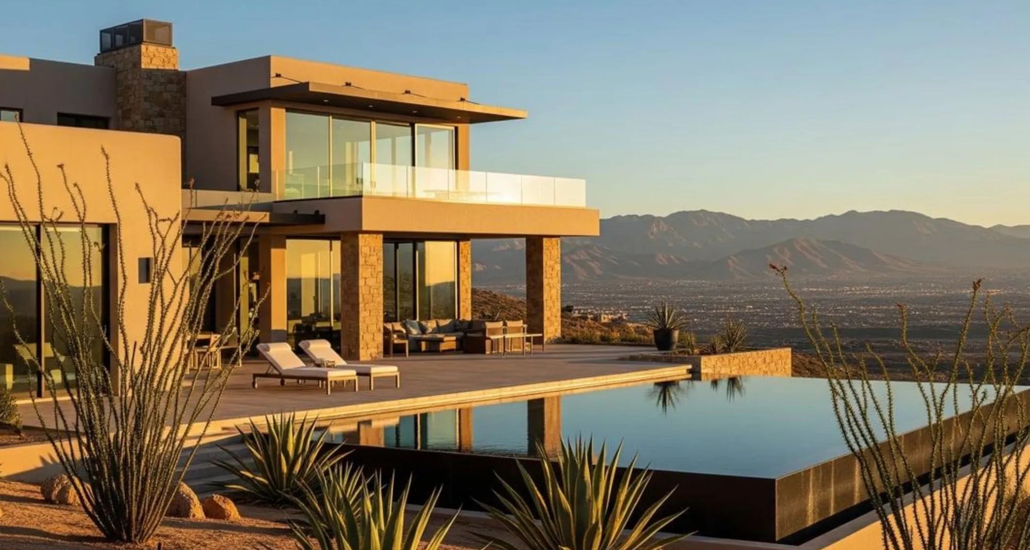 Modern desert house with pool and mountain view.